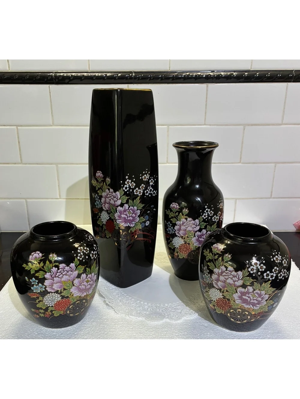 Rare 4-Piece Vintage Japanese Kutani Black Porcelain Vase Set